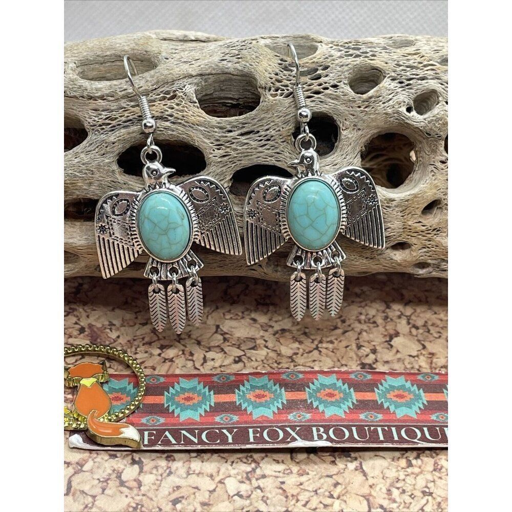 SILVER THUNDERBIRD T-BIRD EARRINGS SOUTHWEST WESTERN AZTEC BIRD Feather Long - Picture 4 of 7